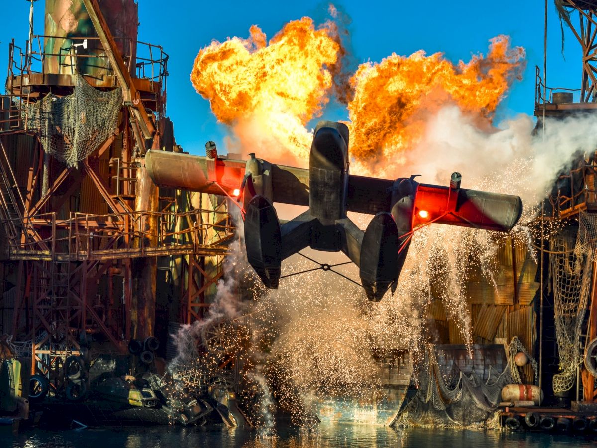 A seaplane takes off from water amid a dramatic explosion, surrounded by industrial structures and debris.