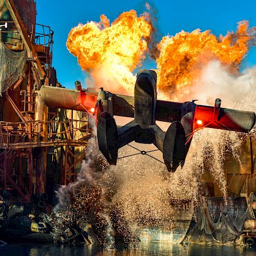 A plane is flying over water amidst an industrial setting with a massive explosion in the background, creating a dramatic and action-packed scene.